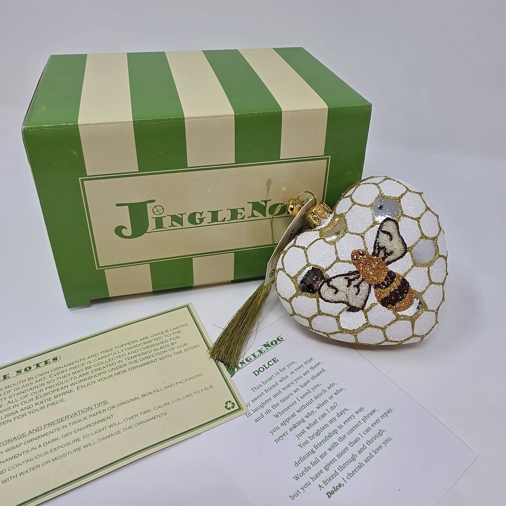 NIB JingleNog Dolce Honeybee Heart Ornament #80388 Hand Blown Painted in Poland